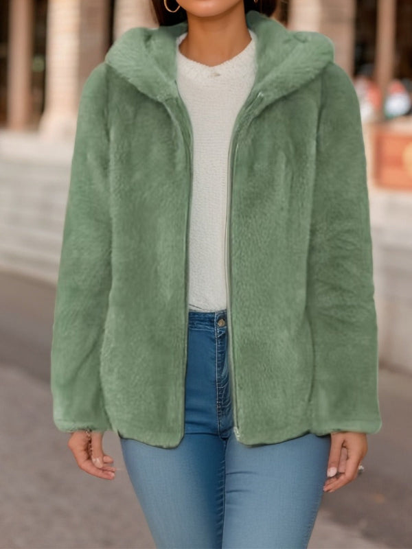 EB | Weicher Damen Teddyjacke mit Kapuze und Reißverschluss