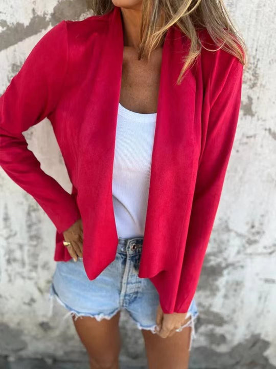 EB | Strickjacke Lässige Passform Weicher Wildleder Look Offene Vorderseite Leichte Schicht
