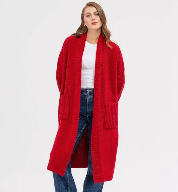 EB | Strickjacke Gestrickte Woll Optik Übergröße Passform Lang mit Großen Taschen
