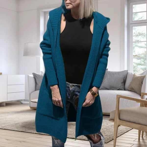 EB | Strickjacke Übergröße Wollähnliche Strick Kapuze Offene Vorderseite Taschen