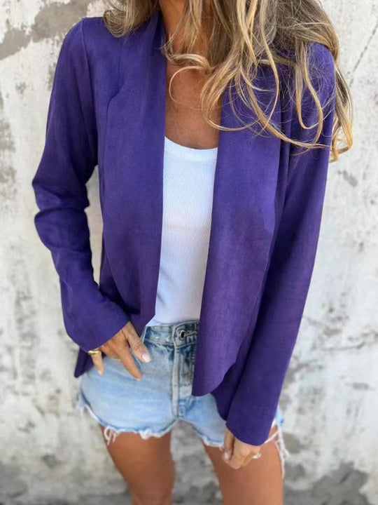 EB | Strickjacke Lässige Passform Weicher Wildleder Look Offene Vorderseite Leichte Schicht