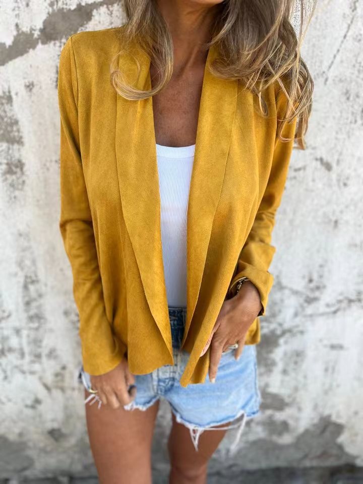 EB | Strickjacke Lässige Passform Weicher Wildleder Look Offene Vorderseite Leichte Schicht