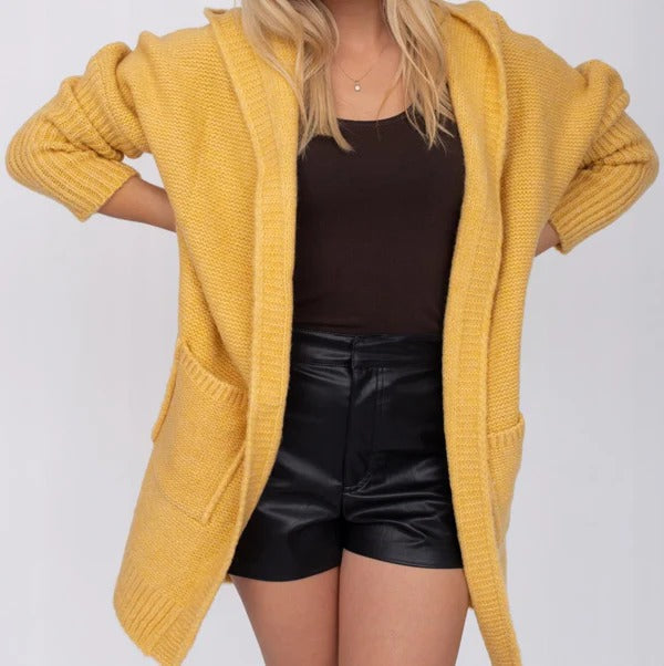 EB | Strickjacke Übergröße Wollähnliche Strick Kapuze Offene Vorderseite Taschen