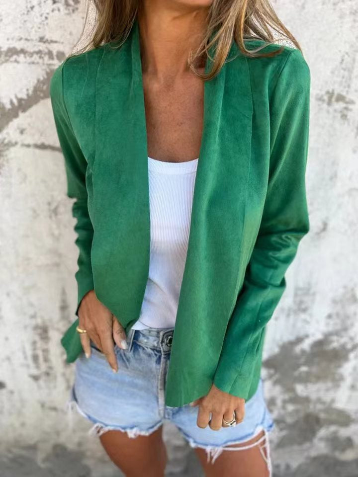 EB | Strickjacke Lässige Passform Weicher Wildleder Look Offene Vorderseite Leichte Schicht