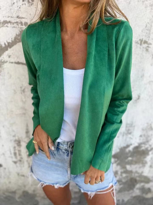 EB | Strickjacke Lässige Passform Weicher Wildleder Look Offene Vorderseite Leichte Schicht