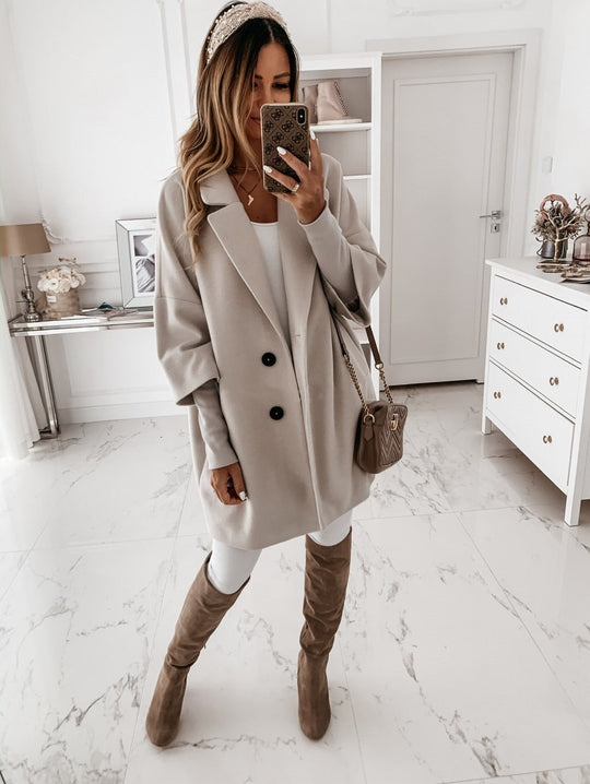EB | Wolle Übergröße Passform Dreiteiliges Ärmel Knöpfe Klassischer Kragen