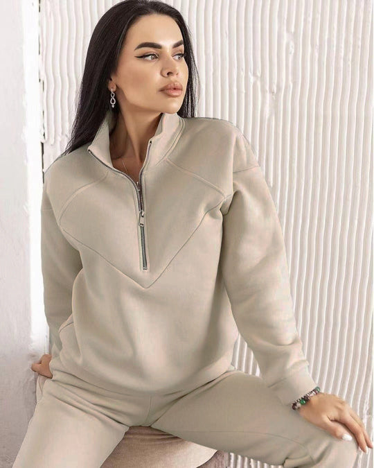 EB | Loungewear Satz Fleece Lockere Passform Kapuzenpullover mit Halbem Reißverschluss Jogginghosen