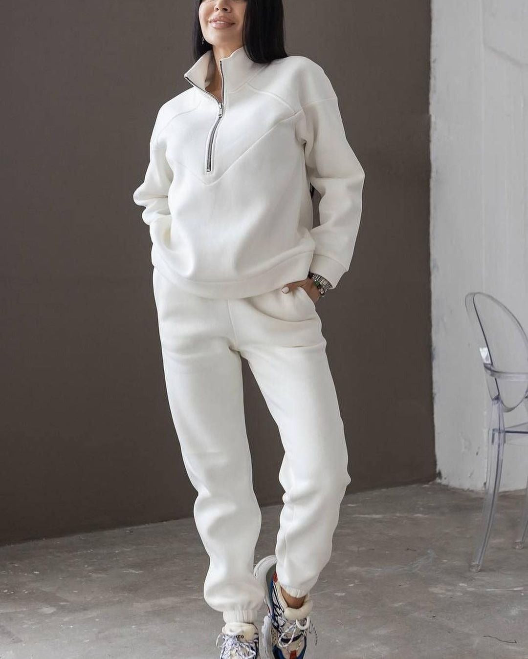 EB | Loungewear Satz Fleece Lockere Passform Kapuzenpullover mit Halbem Reißverschluss Jogginghosen