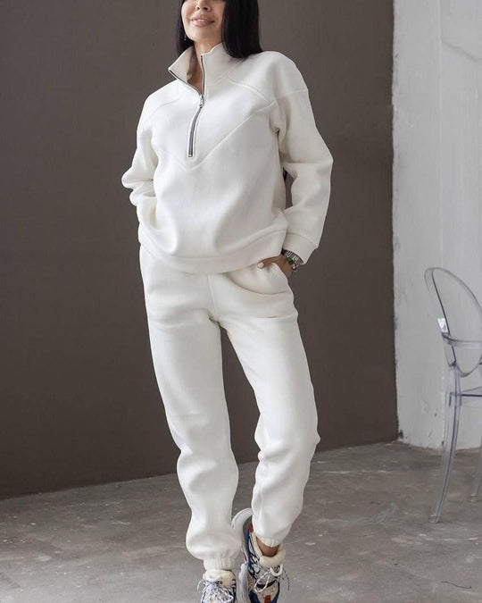 EB | Loungewear Satz Fleece Lockere Passform Kapuzenpullover mit Halbem Reißverschluss Jogginghosen