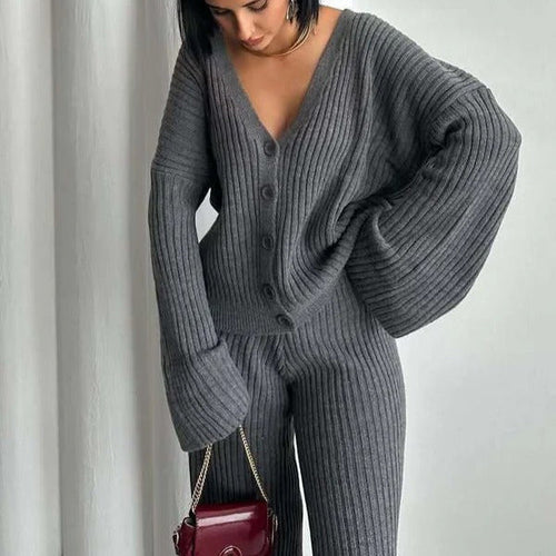 EB | Loungewear Set Gestrickte Rippstruktur Übergröße Passform Weite Ärmel