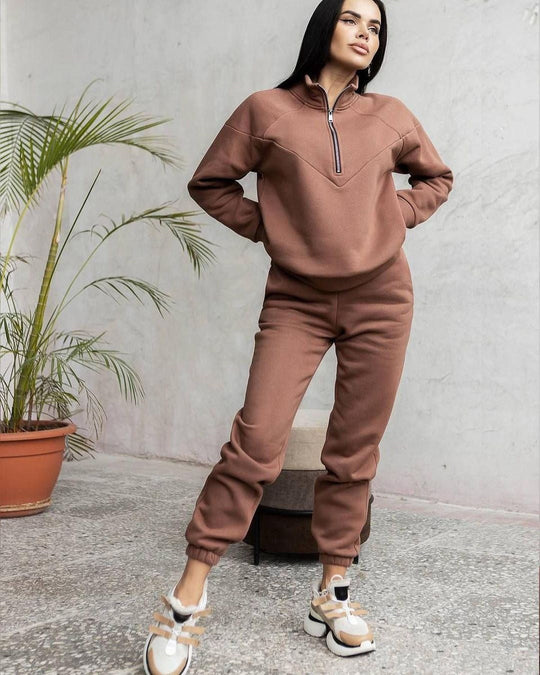 EB | Loungewear Satz Fleece Lockere Passform Kapuzenpullover mit Halbem Reißverschluss Jogginghosen
