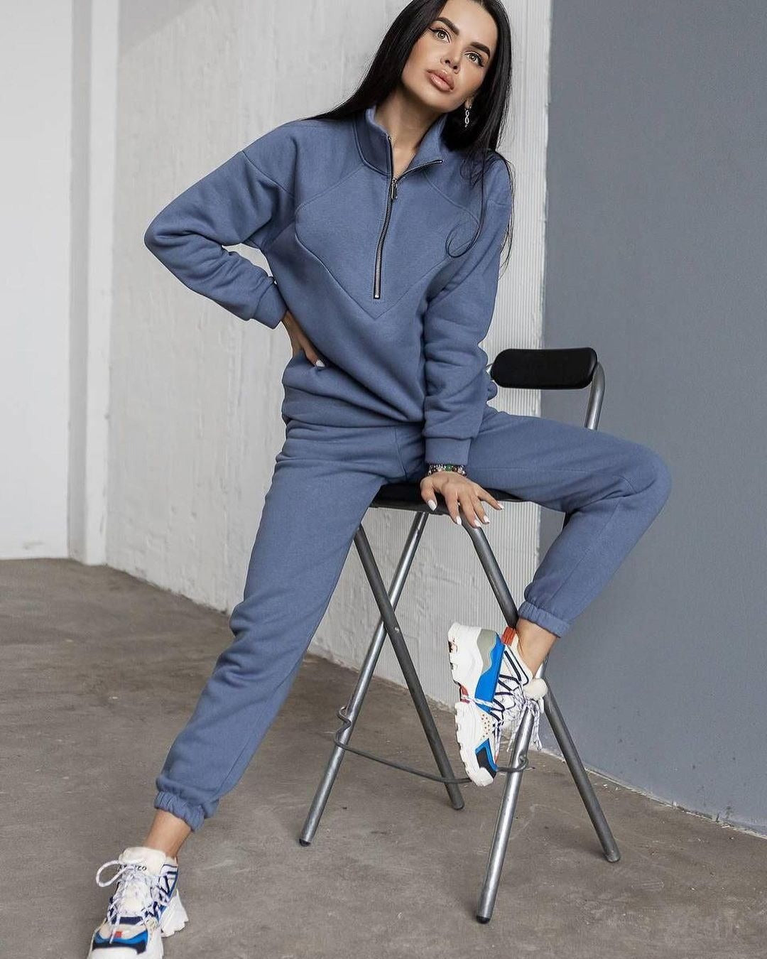 EB | Loungewear Satz Fleece Lockere Passform Kapuzenpullover mit Halbem Reißverschluss Jogginghosen