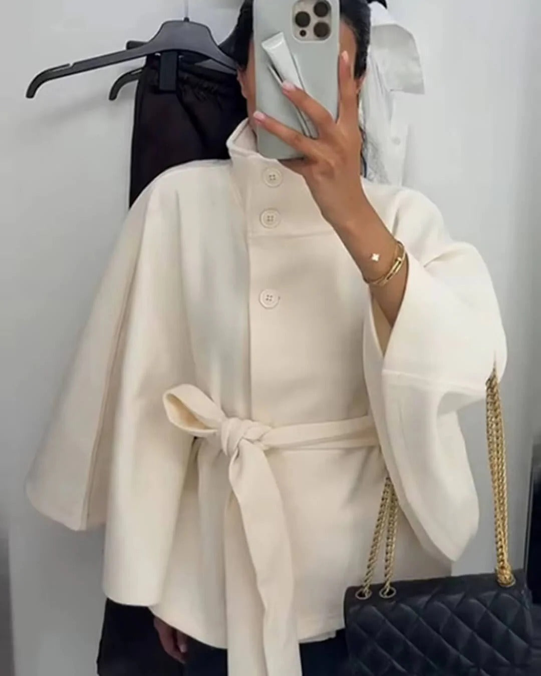 EB | Hochkragen Gürteltaschen Cape Jacke Knopf Umhängemantel