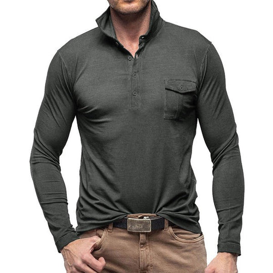 EB | Henley Pique Shirt Slim Fit Lange Ärmel Baumwolle Brusttasche Stehkragen