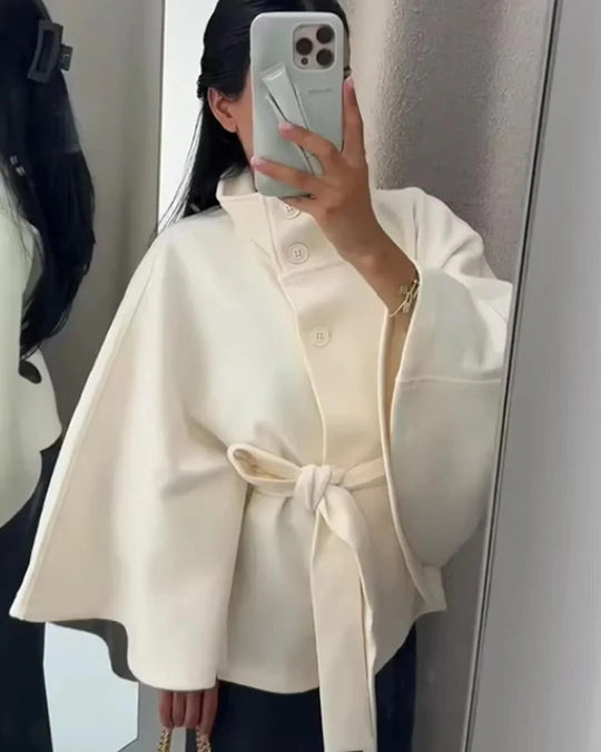EB | Hochkragen Gürteltaschen Cape Jacke Knopf Umhängemantel