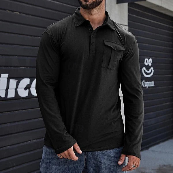 EB | Henley Pique Shirt Slim Fit Lange Ärmel Baumwolle Brusttasche Stehkragen