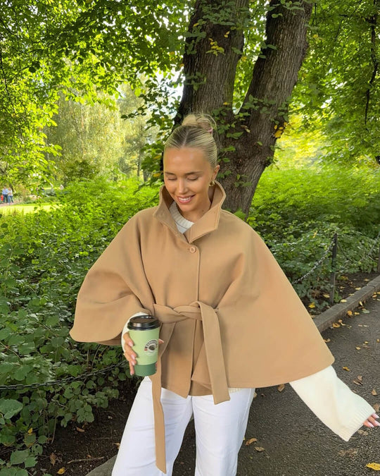 EB | Hochkragen Gürteltaschen Cape Jacke Knopf Umhängemantel