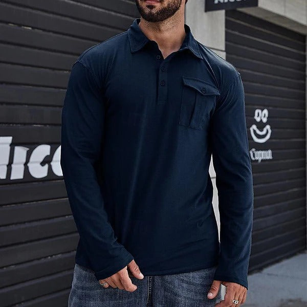 EB | Henley Pique Shirt Slim Fit Lange Ärmel Baumwolle Brusttasche Stehkragen