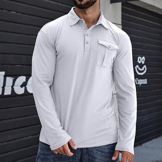 EB | Henley Pique Shirt Slim Fit Lange Ärmel Baumwolle Brusttasche Stehkragen