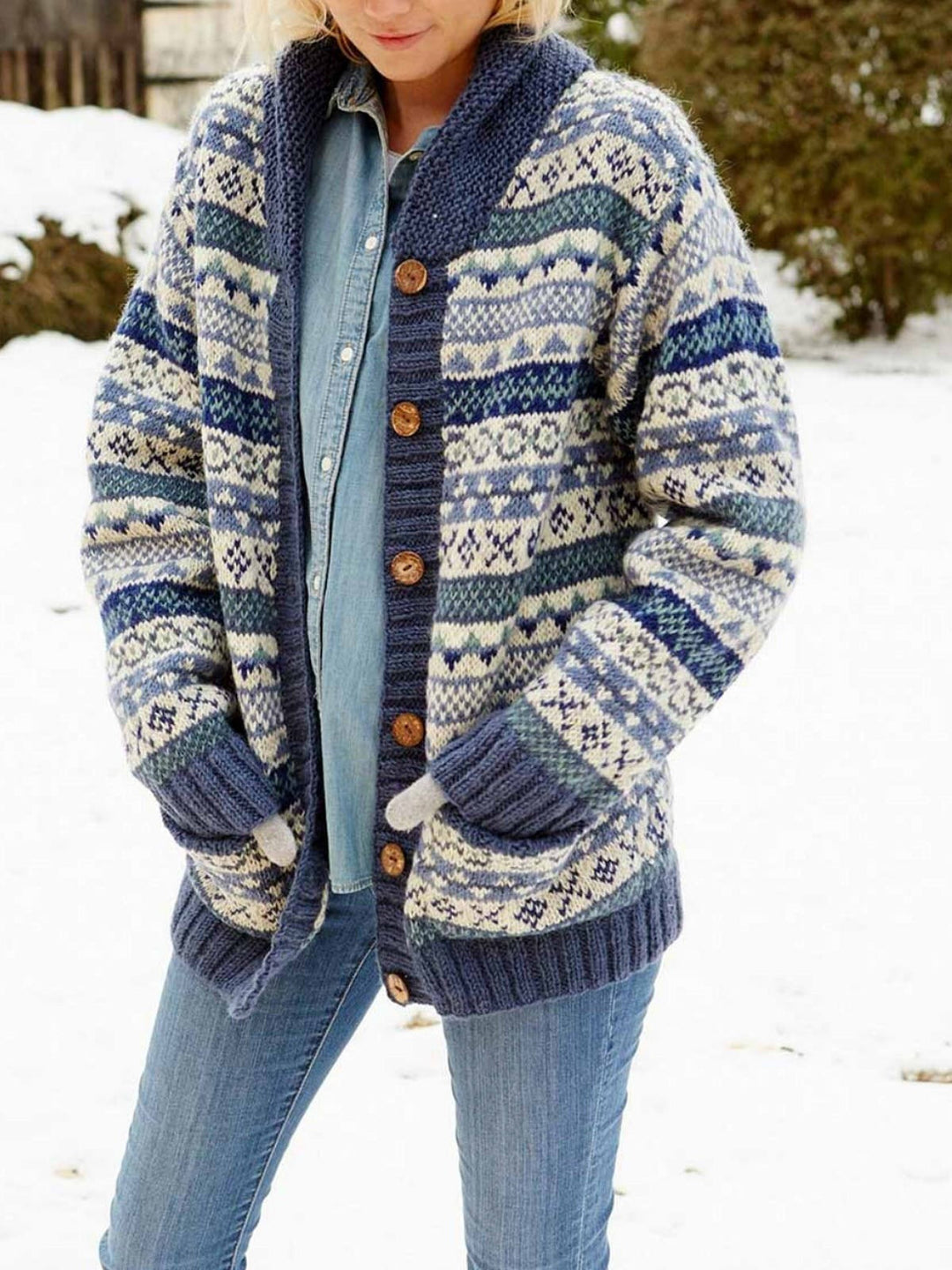 EB | Strickjacke Wollstrick Lässige Passform Schalkragen Fair Isle Muster Druckknopf Vorne