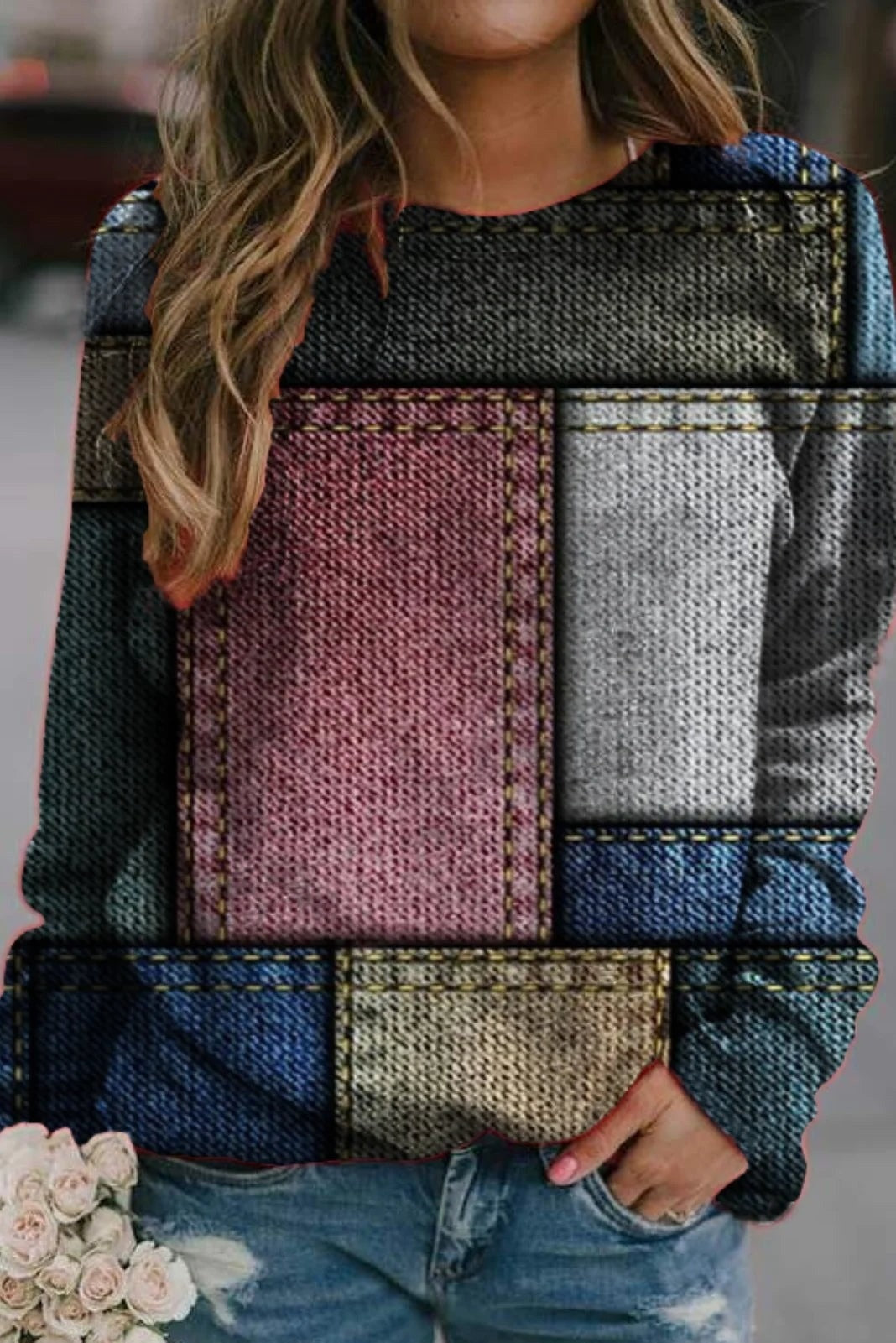 EB | Relaxed Fit Strickstoff Patchwork Design Lange Ärmel