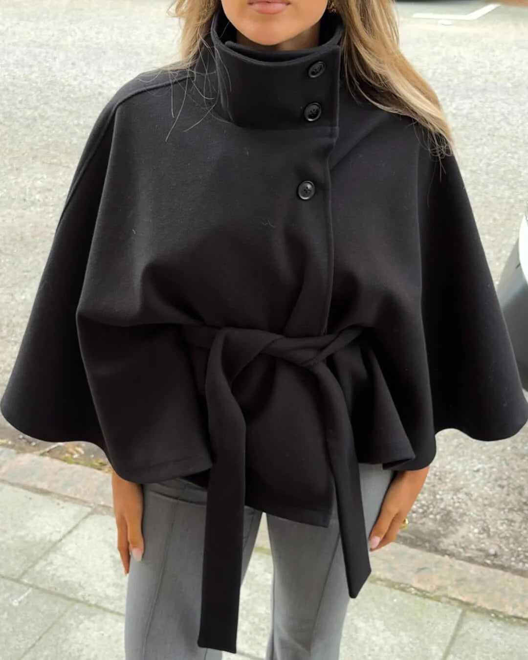 EB | Hochkragen Gürteltaschen Cape Jacke Knopf Umhängemantel