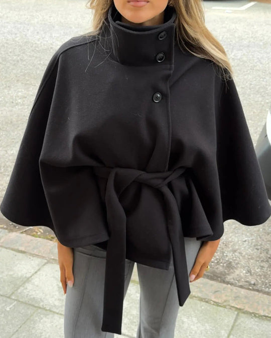 EB | Hochkragen Gürteltaschen Cape Jacke Knopf Umhängemantel