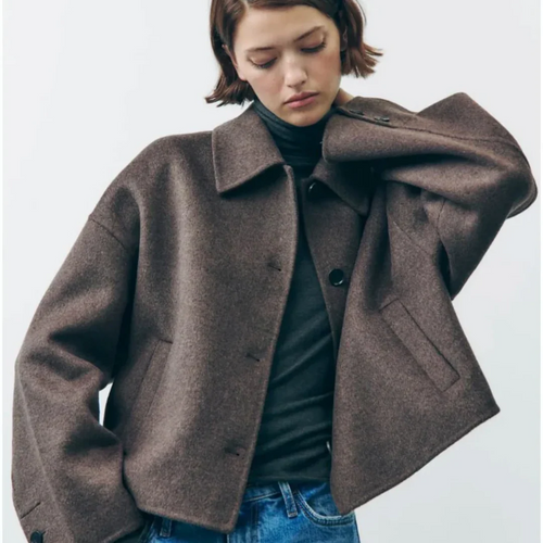 EB | Cropped Wollmischung Jacke Minimalistische Knopf Down Oberbekleidung