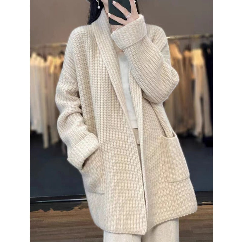 EB | Strickjacke Übergröße Passform Grobstrick Schal Kragen Langes Modell mit Taschen