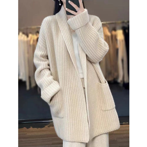 EB | Strickjacke Übergröße Passform Grobstrick Schal Kragen Langes Modell mit Taschen