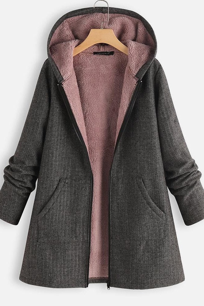 EB | Mantel mit Kapuze Oversized Fit Fleece-Futter Reißverschluss Mittellang Casual