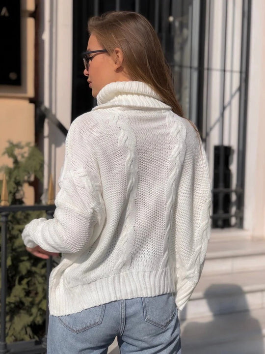 EB | Strickpullover Wollmischung Lockere Passform Hoher Kragen Zopfstrick