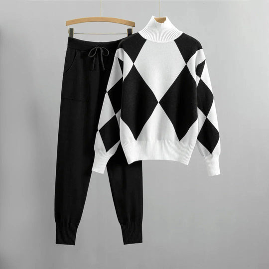 EB | Gemütlicher Anzug Gestricktes Set Lockere Passform Argyle Muster Gerippte Kanten