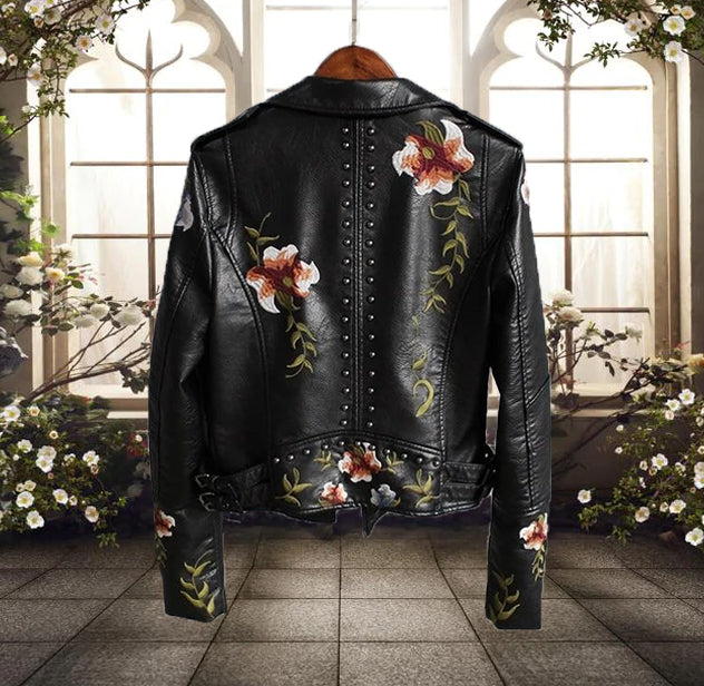 EB | Bikerjacke Taillierte Passform Floral Stickerei Nieten Details Asymmetrischer Reißverschluss