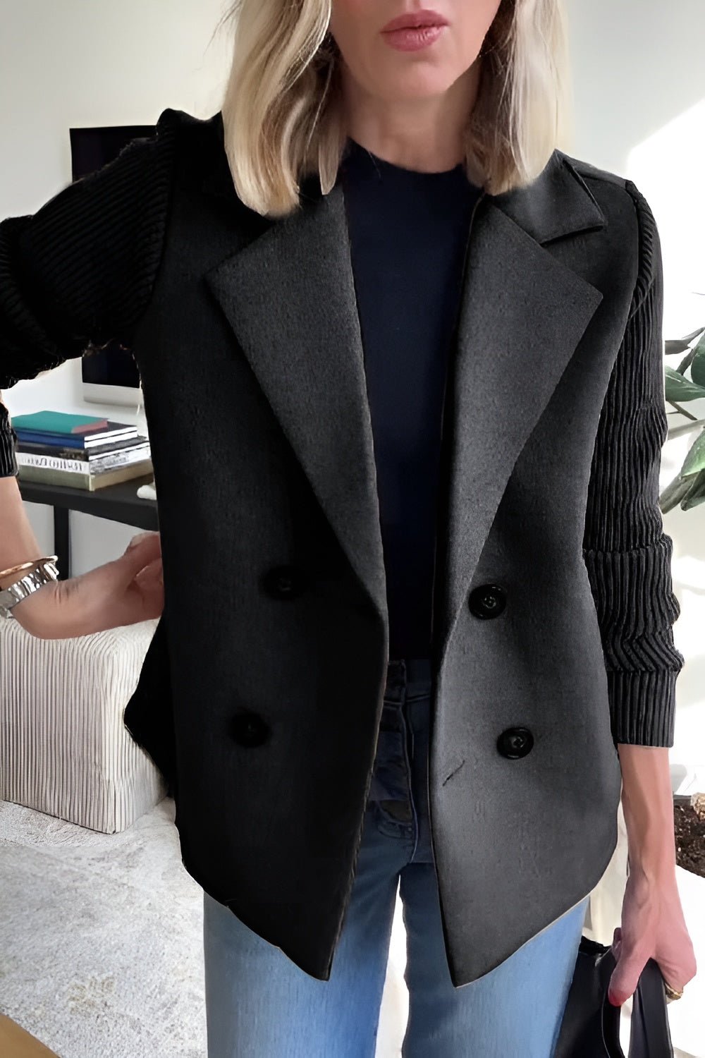 EB | Damen Blazer aus veganer Wolle mit gestrickten Ärmeln
