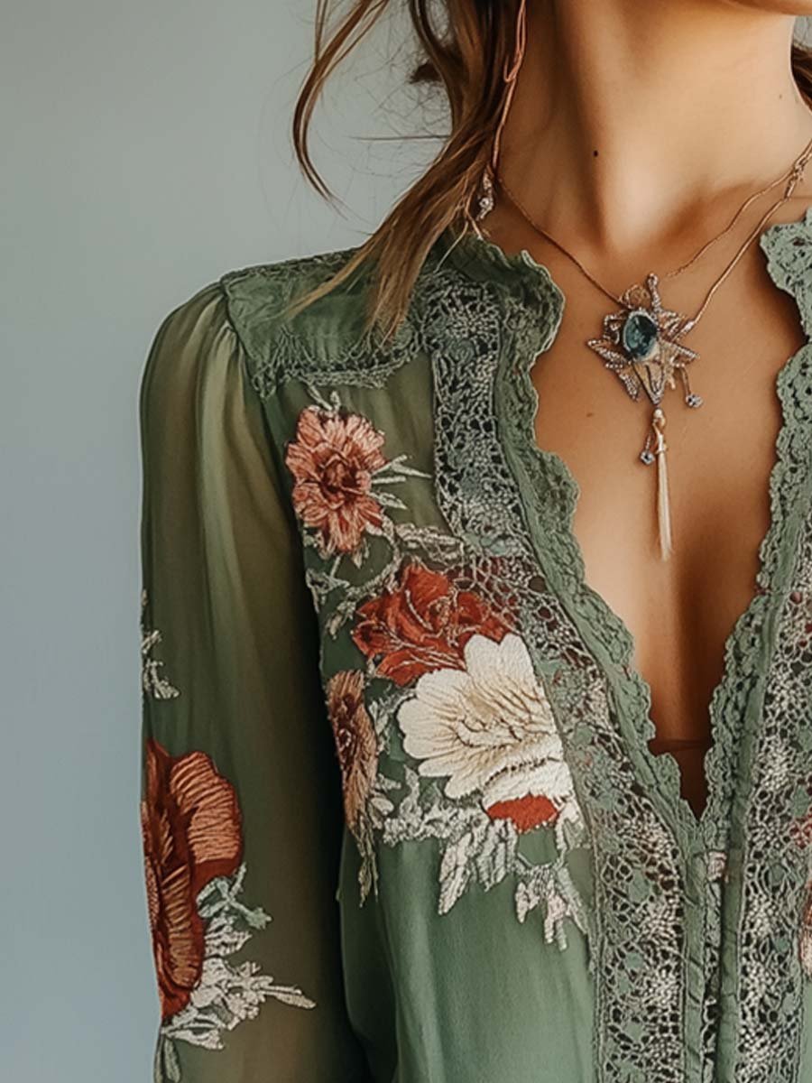EB | Boho Bluse Mit Spitze Und Blumenmuster