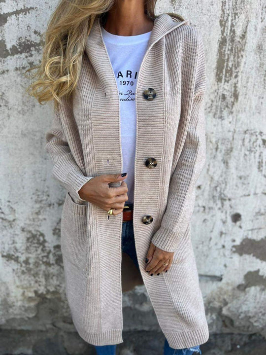 EB | Langer Strickcardigan mit Knöpfen Rippstrick Design Komfort und Stil