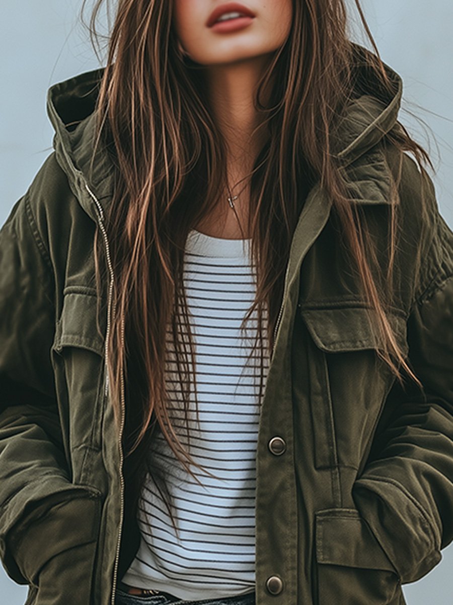 EB | Vintage Winddichte Arbeitsjacke Mit Kapuze Und Mehreren Taschen