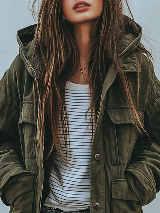 EB | Vintage Winddichte Arbeitsjacke Mit Kapuze Und Mehreren Taschen