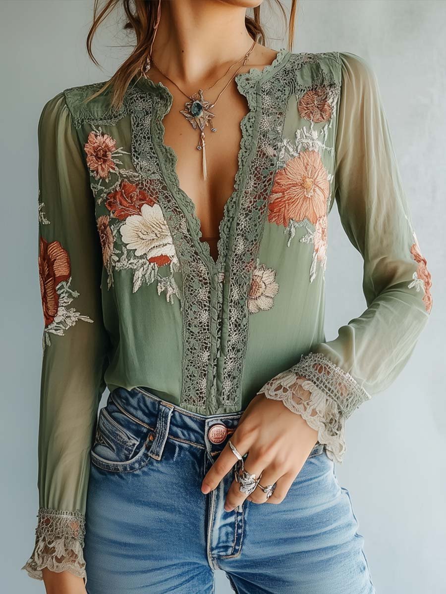 EB | Boho Bluse Mit Spitze Und Blumenmuster