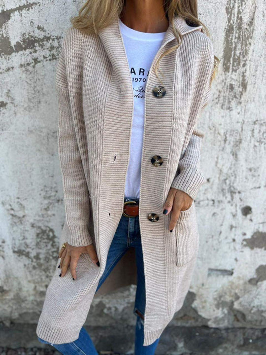 EB | Strickjacke Lange Offene Front Ribbed Knopfverschluss & Vordertaschen