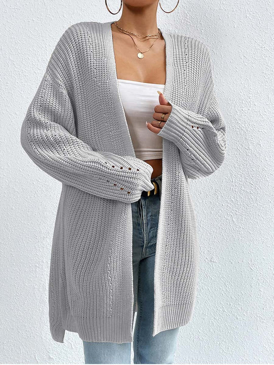 EB | Kardigan - V-Ausschnitt Lockere Mittellange Gestrickte Jacke, Lässig und Bequem