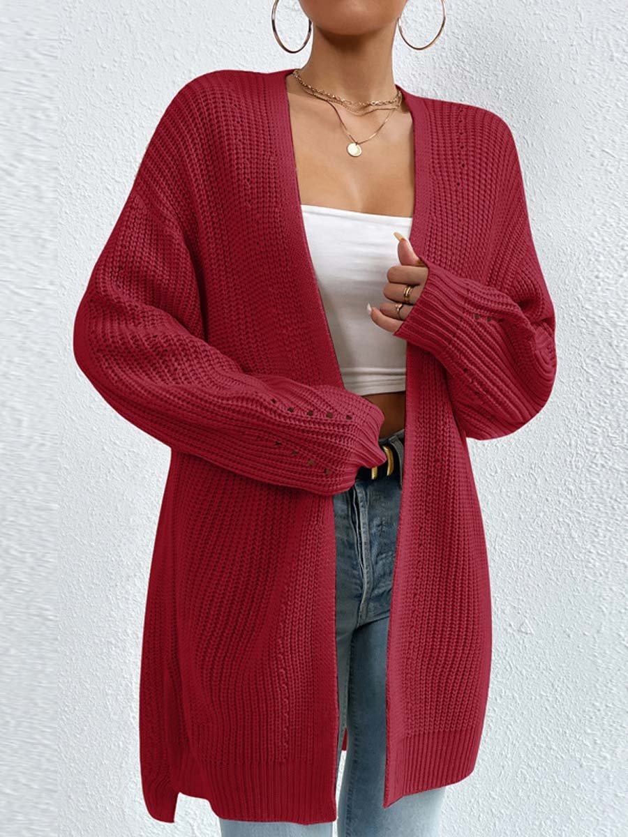 EB | Kardigan - V-Ausschnitt Lockere Mittellange Gestrickte Jacke, Lässig und Bequem