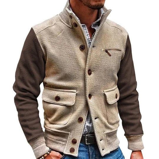 EB | Herren - Jackte mit Mehreren Taschen Im Vintage - Stehkragen In Kontrastfarbe Im Maillard - Stil