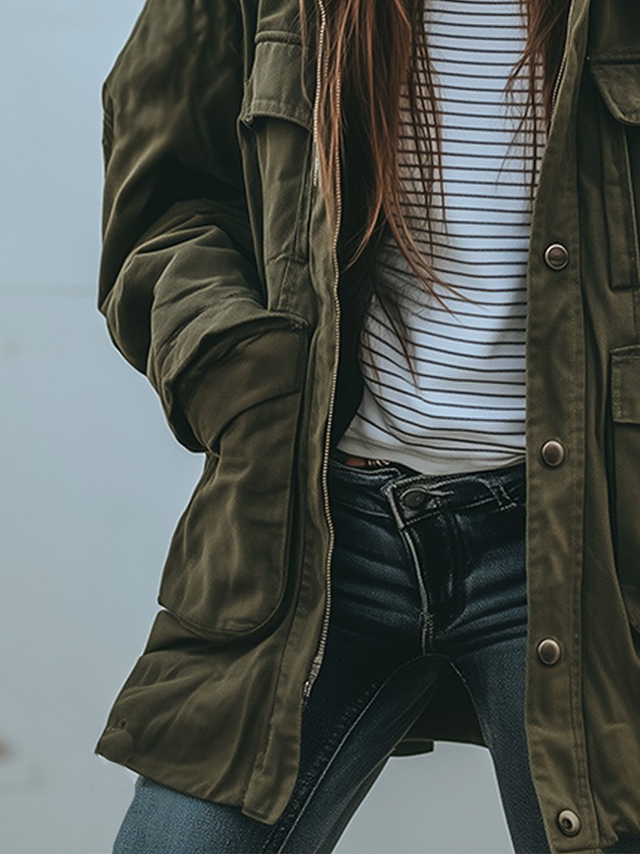 EB | Vintage Winddichte Arbeitsjacke Mit Kapuze Und Mehreren Taschen