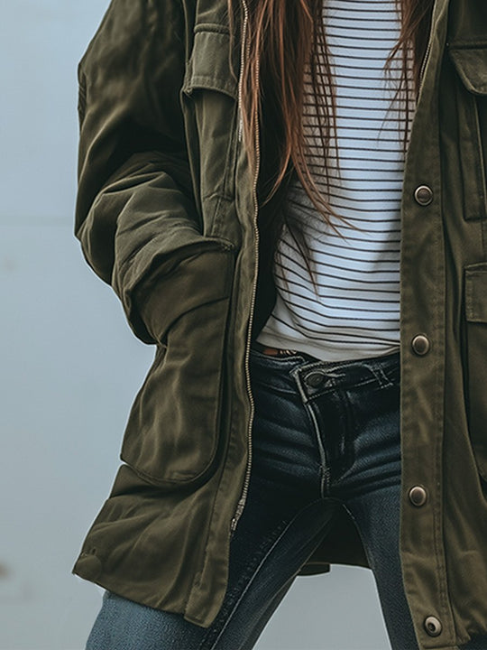 EB | Vintage Winddichte Arbeitsjacke Mit Kapuze Und Mehreren Taschen