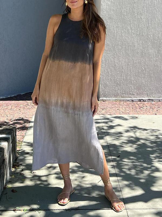 EB | Luftiges Leinenkleid Aus Baumwolle mit Farbverlauf und Schlitz Am Bein