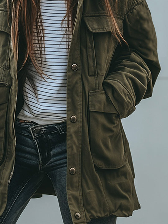 EB | Vintage Winddichte Arbeitsjacke Mit Kapuze Und Mehreren Taschen