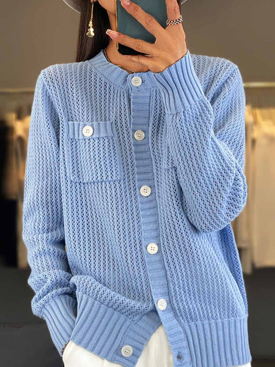 EB | Cardigan - Rundhals-Taschen-Hohlstrick-Cardigan