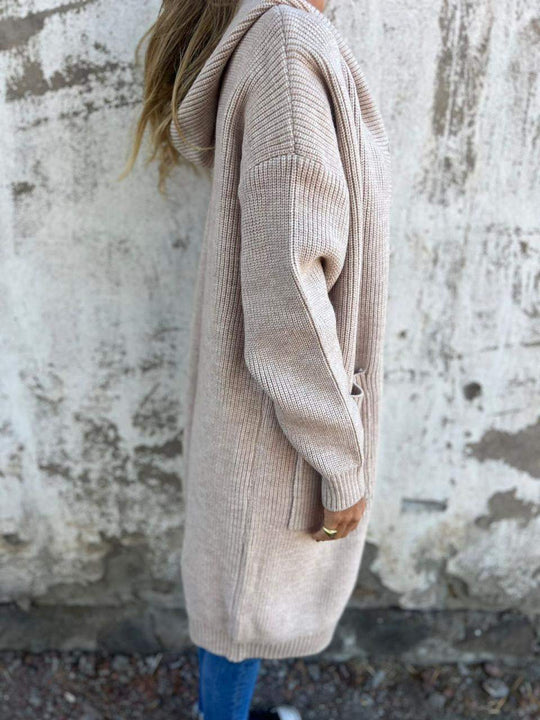 EB | Strickjacke Lange Offene Front Ribbed Knopfverschluss & Vordertaschen